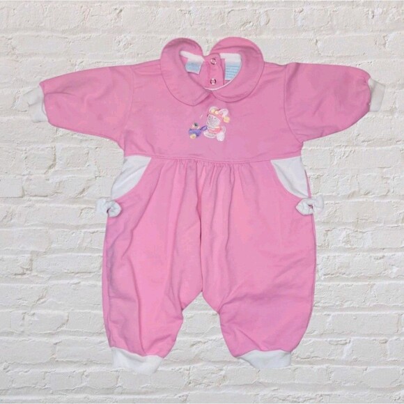 Vtg Bright Future Baby Romper 6/9M Pink Embroidered Rabbit Easter Outfit - Picture 1 of 4